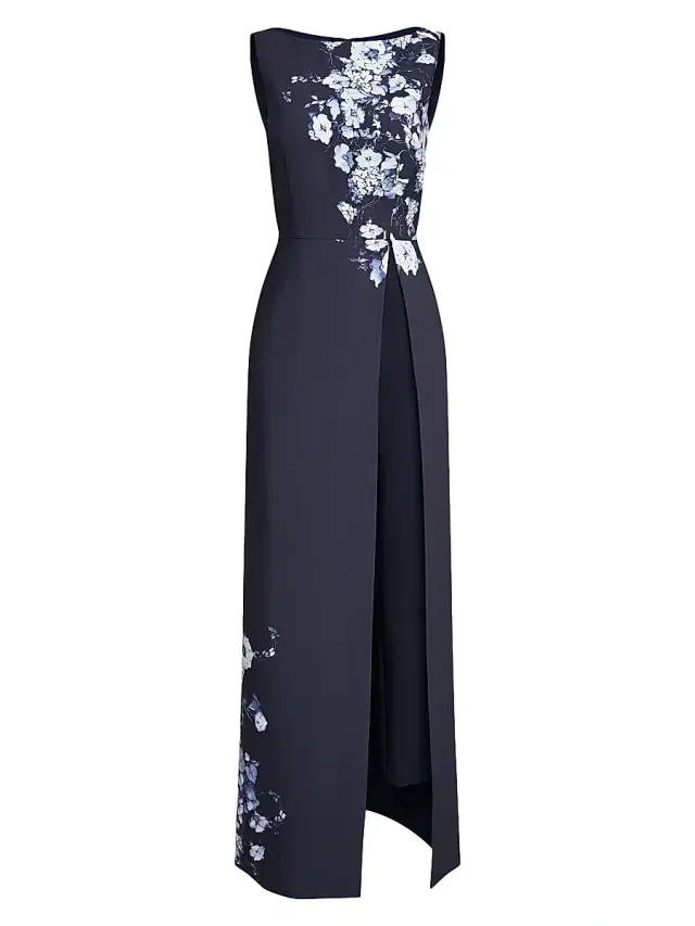 Kay Unger Women's Esti Walk-Thru Floral Stretch-Crêpe Jumpsuit - Midnight Blue