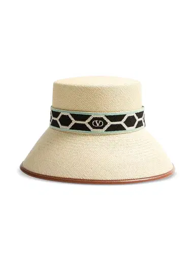 Valentino Garavani Women's Antibes Straw Bucket Hat with Leather Trim and Diamond - Natural Black - Size Medium | Thumbnail 1 Valentino Garavani Women's Antibes Straw Bucket Hat with Leather Trim and Diamond - Natural Black - Size Medium | Thumbnail 1