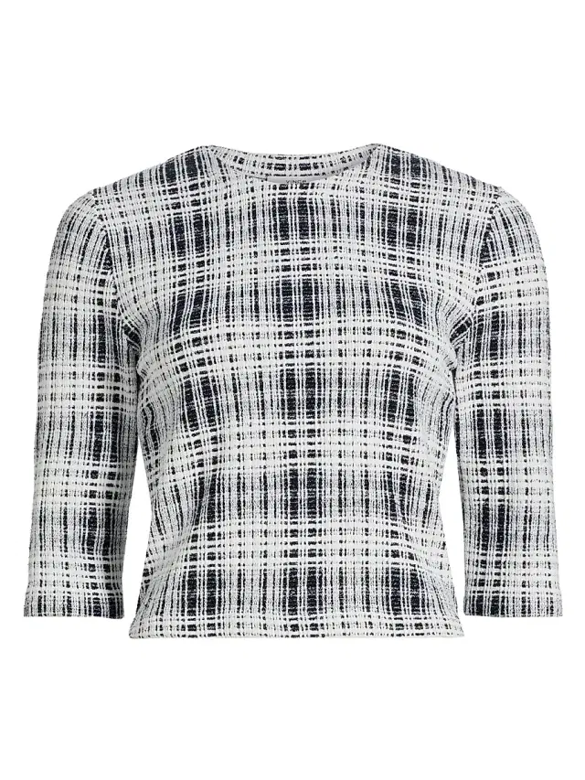 Vince Women's Boucle Plaid Elbow-Sleeve Top - Coastal Off White