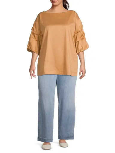 Harshman Women's Plus Balia Popover Cotton Gathered-Sleeve Blouse - Sand | Thumbnail 2