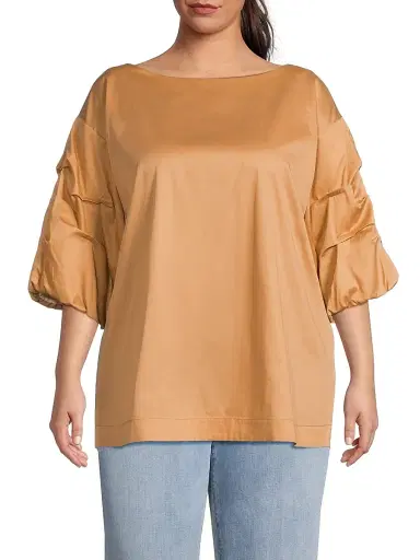 Harshman Women's Plus Balia Popover Cotton Gathered-Sleeve Blouse - Sand | Thumbnail 3