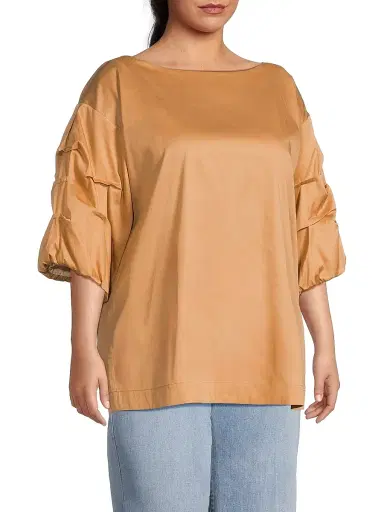 Harshman Women's Plus Balia Popover Cotton Gathered-Sleeve Blouse - Sand | Thumbnail 4