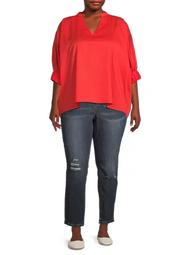 Harshman Women's Plus Medina Cotton Split Neck Oversized Blouse - Poppy Red | Thumbnail 2