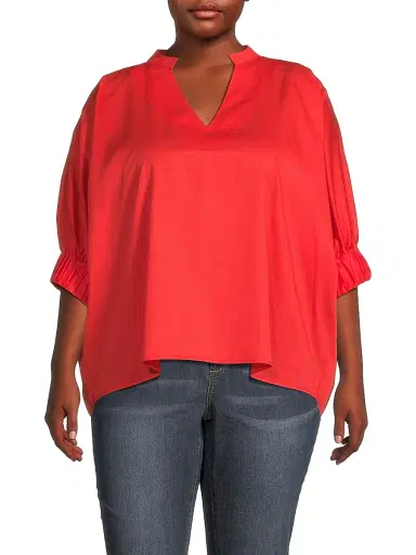Harshman Women's Plus Medina Cotton Split Neck Oversized Blouse - Poppy Red | Thumbnail 3
