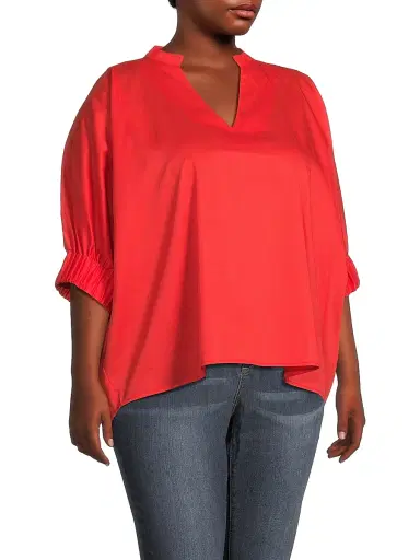 Harshman Women's Plus Medina Cotton Split Neck Oversized Blouse - Poppy Red | Thumbnail 4