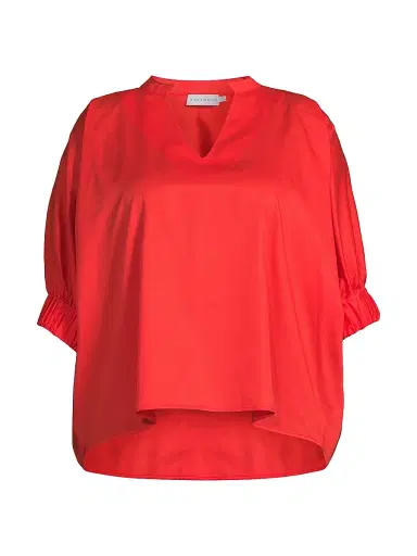 Harshman Women's Plus Medina Cotton Split Neck Oversized Blouse - Poppy Red | Thumbnail 1