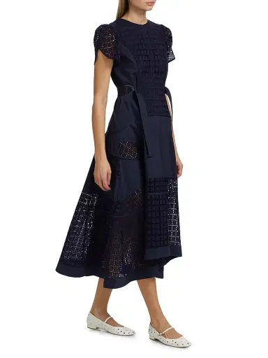 3.1 Phillip Lim Women's Embroidered Grid Tulip-Sleeve Dress - Navy | Thumbnail 4