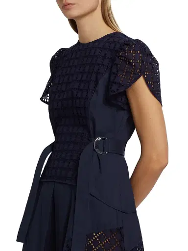 3.1 Phillip Lim Women's Embroidered Grid Tulip-Sleeve Dress - Navy | Thumbnail 6