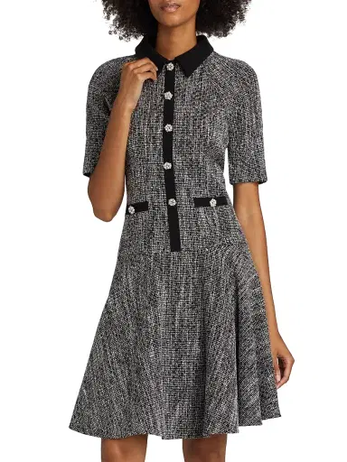 Teri Jon by Rickie Freeman Women's Metallic Tweed Short-Sleeve Dress - Black Silver | Thumbnail 3