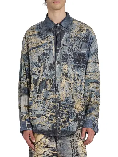 Acne Studios Men's Setar Torn Scribble Printed Linen Shirt - Denim Blue - Size 44 | Thumbnail 3