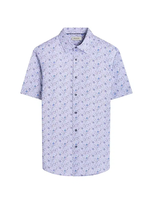 Men's OohCotton Miles Leaf-Print Stretch-Cotton Shirt - Air Blue