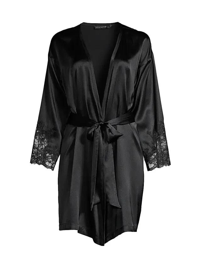 Josie Natori Women's Sleek Lace-Accent Stretch Silk Wrap - Black