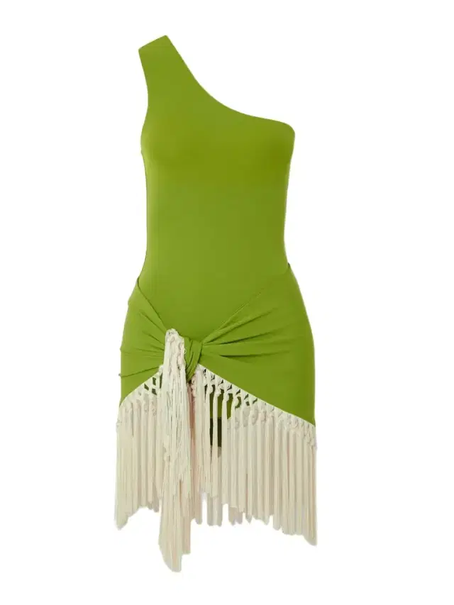 Yacare One-shoulder Swimsuit And Fringed Pareo Set