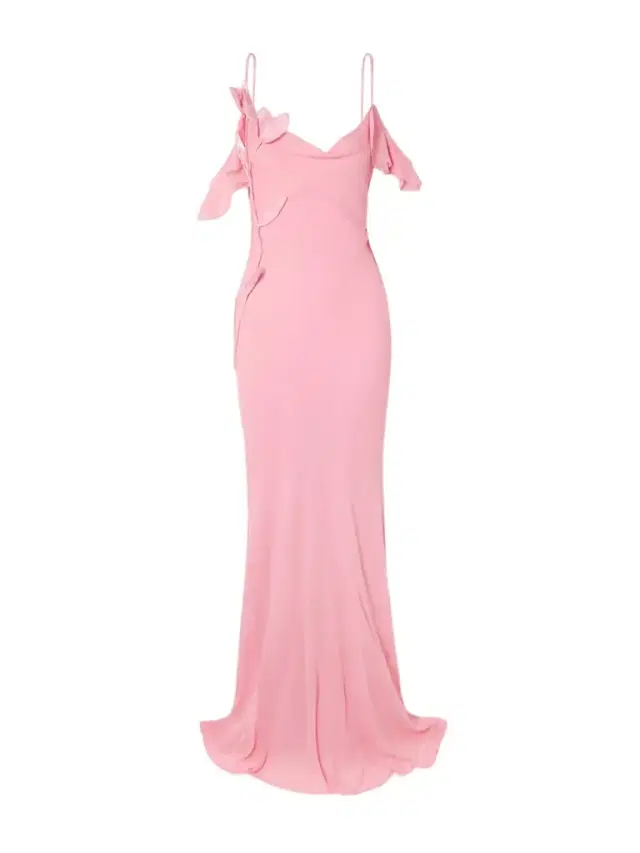 Appliquéd Ruffled Cold-shoulder Georgette Maxi Dress