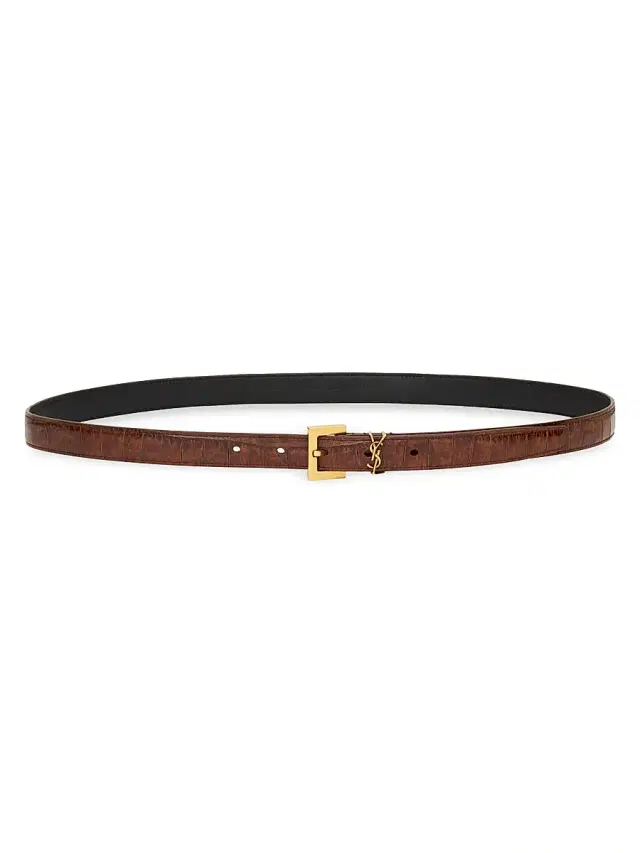 Saint Laurent Women's Cassandre Thin Belt in Crocodile-Embossed Leather - Vegetal Brown
