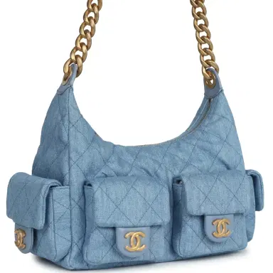 Chanel Chanel Large Cargo Hobo Bag Light Blue Washed Denim Brushed Gold Hardware | Thumbnail 2