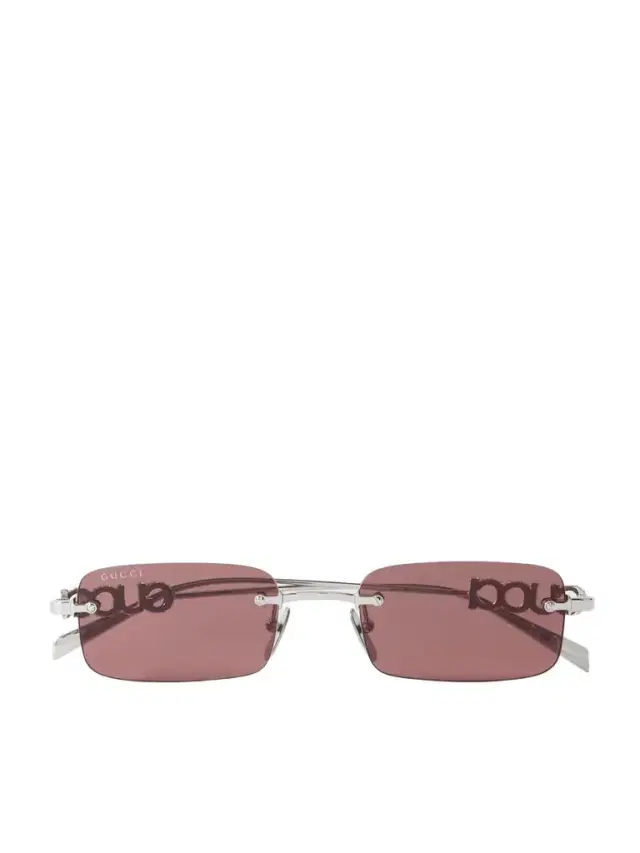 Lettering Rimless Rectangle-frame Crystal-embellished Silver-tone Sunglasses