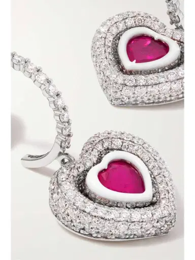 Kamyen Manaal Heart 18-karat White Gold, Enamel, Ruby And Diamond Earrings | Thumbnail 5 Kamyen Manaal Heart 18-karat White Gold, Enamel, Ruby And Diamond Earrings | Thumbnail 5