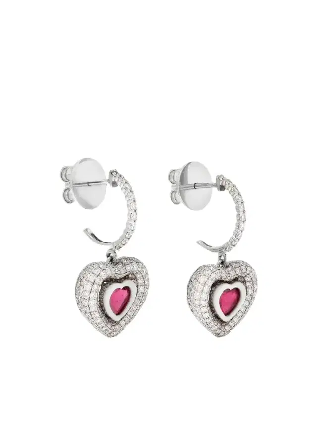 Kamyen Manaal Heart 18-karat White Gold, Enamel, Ruby And Diamond Earrings