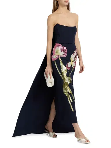 Amsale Women's Sequined Floral Strapless Gown - Navy - Size 4 | Thumbnail 4