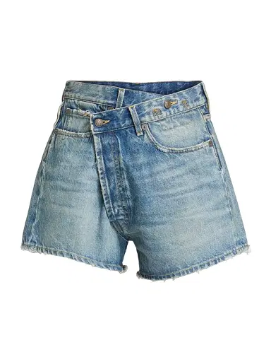 R13 Women's Crossover Asymmetric Washed-Denim Shorts | Thumbnail 1 R13 Women's Crossover Asymmetric Washed-Denim Shorts | Thumbnail 1