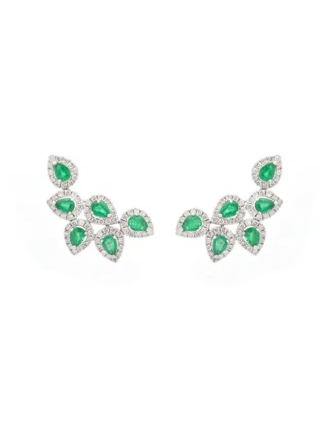 2.66ct Diamond Emerald 18K Gold Cluster Climber Earrings