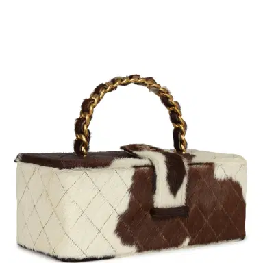Chanel Vintage Chanel Rectangular Vanity Box Brown and White Cow Print Pony Hair Antique Gold Hardware | Thumbnail 2