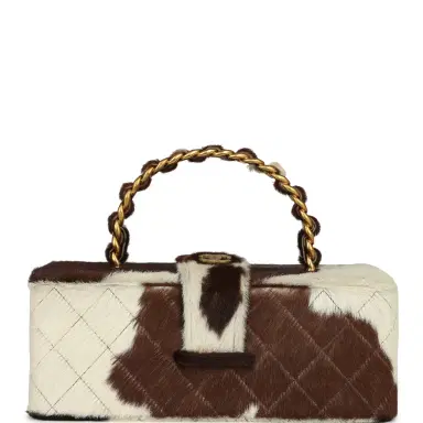 Chanel Vintage Chanel Rectangular Vanity Box Brown and White Cow Print Pony Hair Antique Gold Hardware | Thumbnail 1