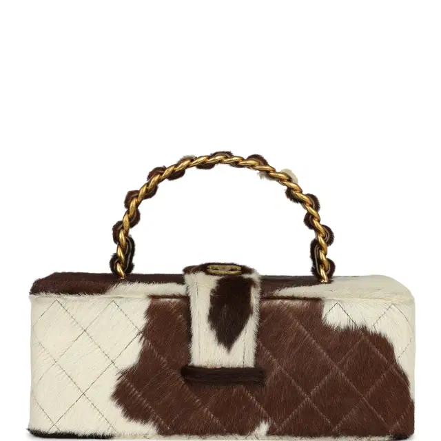 Chanel Vintage Chanel Rectangular Vanity Box Brown and White Cow Print Pony Hair Antique Gold Hardware