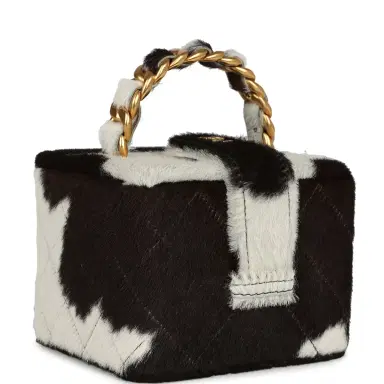 Chanel Vintage Chanel Square Vanity Box Brown and White Cow Print Pony Hair Antique Gold Hardware | Thumbnail 2