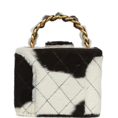 Chanel Vintage Chanel Square Vanity Box Brown and White Cow Print Pony Hair Antique Gold Hardware | Thumbnail 4