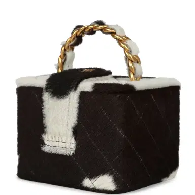 Chanel Vintage Chanel Square Vanity Box Brown and White Cow Print Pony Hair Antique Gold Hardware | Thumbnail 5