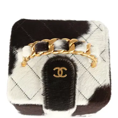 Chanel Vintage Chanel Square Vanity Box Brown and White Cow Print Pony Hair Antique Gold Hardware | Thumbnail 8