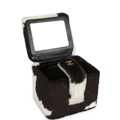 Chanel Vintage Chanel Square Vanity Box Brown and White Cow Print Pony Hair Antique Gold Hardware | Thumbnail 9