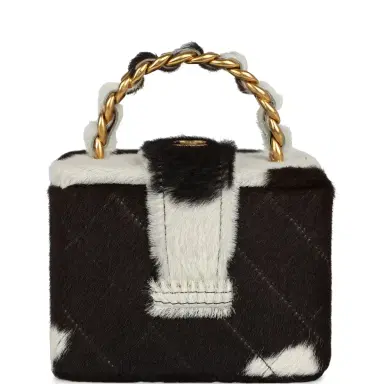 Chanel Vintage Chanel Square Vanity Box Brown and White Cow Print Pony Hair Antique Gold Hardware | Thumbnail 1