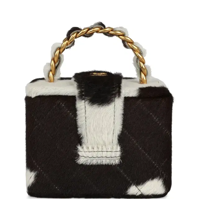 Chanel Vintage Chanel Square Vanity Box Brown and White Cow Print Pony Hair Antique Gold Hardware