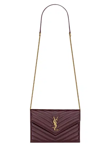 Saint Laurent Women's Cassandre Envelope Chain Wallet in Shiny Leather - Bloody Drink | Thumbnail 1 Saint Laurent Women's Cassandre Envelope Chain Wallet in Shiny Leather - Bloody Drink | Thumbnail 1