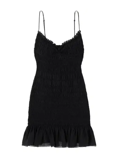 Saint Laurent Smocked Ruffled Silk-crepon Mini Dress | Thumbnail 1 Saint Laurent Smocked Ruffled Silk-crepon Mini Dress | Thumbnail 1