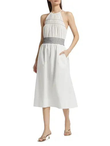 Ramy Brook Women's Melanie Smocked Cotton Midi-Dress - White | Thumbnail 2