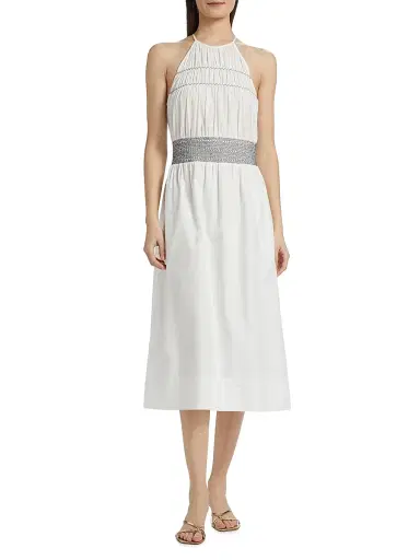 Ramy Brook Women's Melanie Smocked Cotton Midi-Dress - White | Thumbnail 3