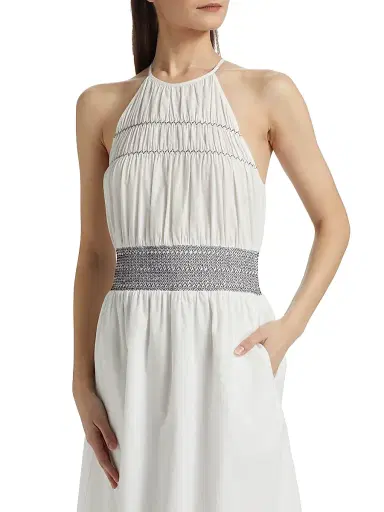 Ramy Brook Women's Melanie Smocked Cotton Midi-Dress - White | Thumbnail 6