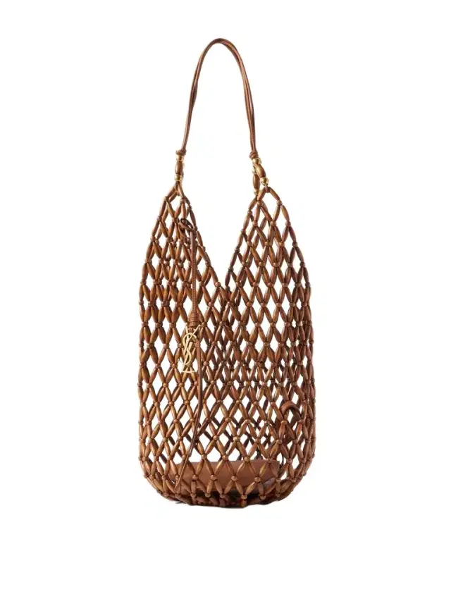 Leather-trimmed Beaded Wood Tote