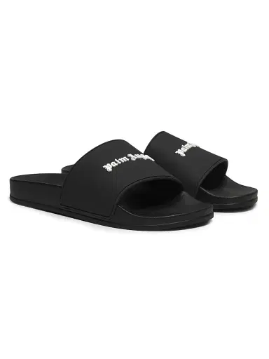 Palm Angels Men's Classic Logo Pool Slides - Black White Sandals | Thumbnail 2 Palm Angels Men's Classic Logo Pool Slides - Black White Sandals | Thumbnail 2