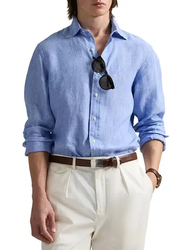 Polo Ralph Lauren Men's Classic-Fit Linen Shirt - Blue White | Thumbnail 3 Polo Ralph Lauren Men's Classic-Fit Linen Shirt - Blue White | Thumbnail 3