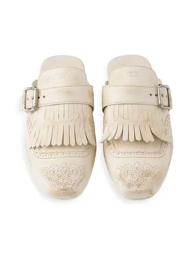 Prada Women's Shuffle Fringed Leather Mules - Beige Khaki | Thumbnail 3