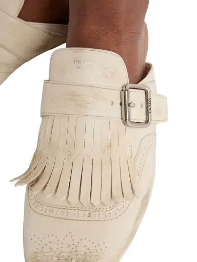 Prada Women's Shuffle Fringed Leather Mules - Beige Khaki | Thumbnail 5
