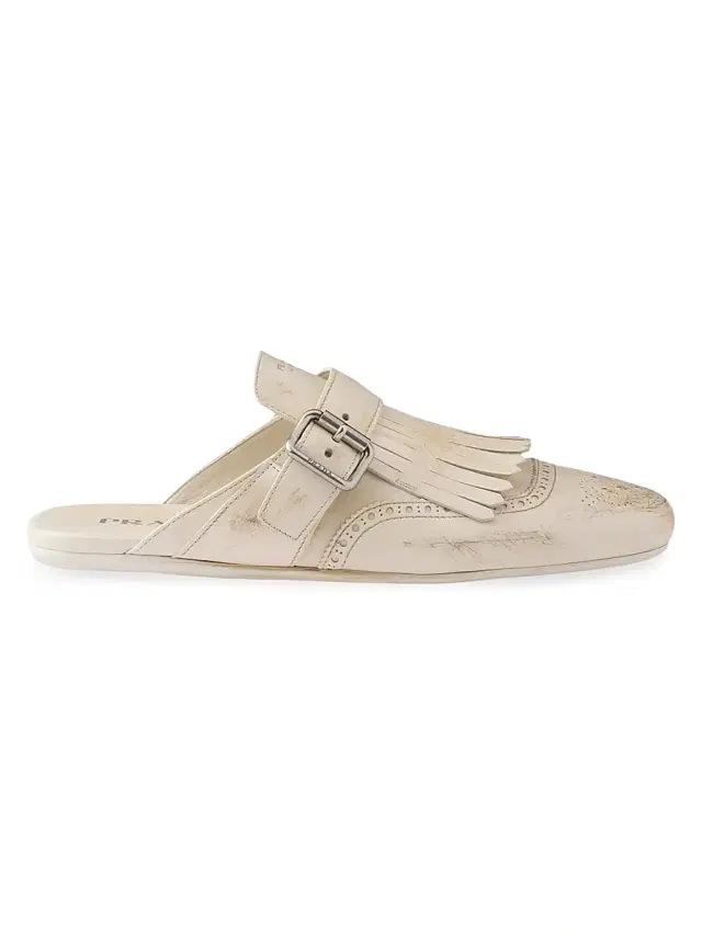 Women's Shuffle Fringed Leather Mules - Beige Khaki