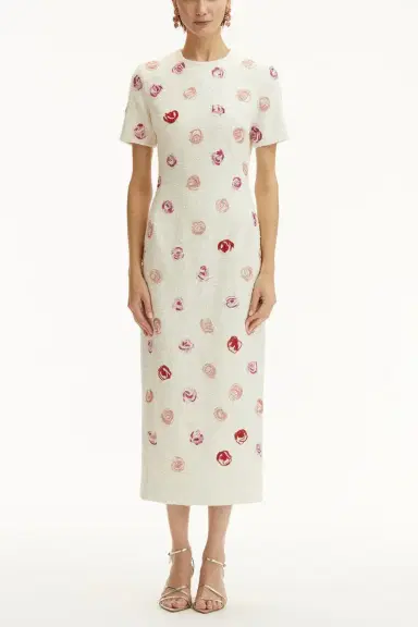 Oscar de la Renta Short Sleeve Rose Embroidered Dress | Thumbnail 2