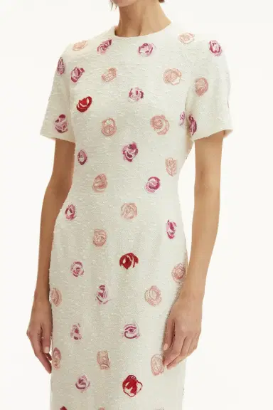 Oscar de la Renta Short Sleeve Rose Embroidered Dress | Thumbnail 3