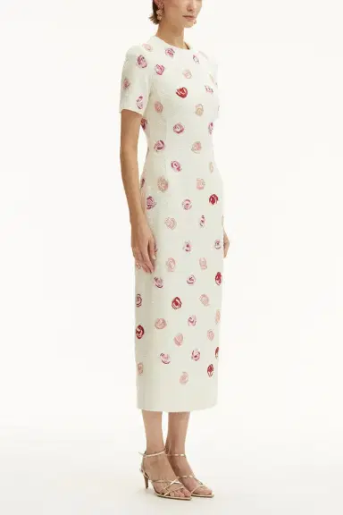 Oscar de la Renta Short Sleeve Rose Embroidered Dress | Thumbnail 4